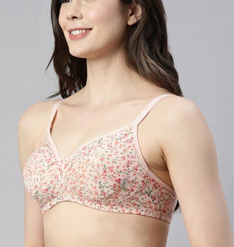 Peach Floral Non-Wired Non Padded High Coverage Cooling Tshirt Bra A042